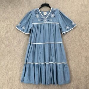 VTG Whispers Floral Embroidered Tiered House Patio Dress LARGE Chambray Denim